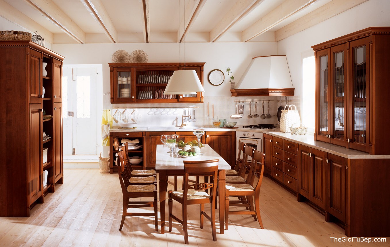 Awesome-Traditional-Kitchen-Design-with-Wooden-Cabinets-Combined-with-Dining-Room-Also-Furnished-with-White-Table-and-Wooden-Chairs-of-Dining-Furniture-Sets-Ideas